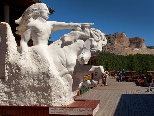 The Crazy Horse Memorial in South Dakota’s Black Hills has been in progress since 1948. Sculpted by Korczak Ziolkowski, it depicts Lakota warrior Crazy Horse atop a horse and pointing to his tribal land.