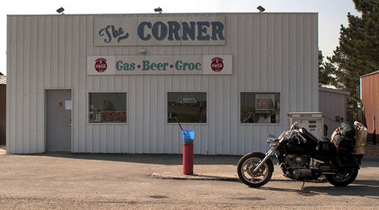 The Corner store outside of Minot, North Dakota provide a backdrop for photographer Geoffrey Kula's 1995 Honda Shadow VT1100.