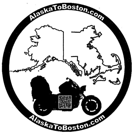 This 4-inch black-and-white sticker commemorates photographer Geoffrey Kula's transcontinental motorcycle road trip on his 1995 Honda Shadow VT1100 from Alaska to Boston across Canada.