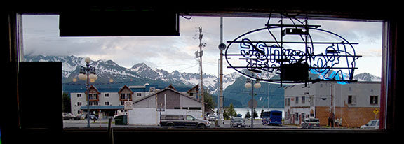 Downtown Seward, Alaska, as seen from inside one of the town’s finer drinking establishments.