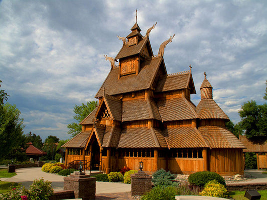The Gol Stave Church Museum located in the Scandinavian Heritage Park in Minot, North Dakota is a full-size replica of a church built in Norway around 1250.