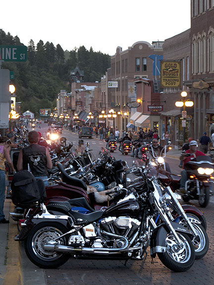 Motorcycles line the streets of downtown Deadwood, South Dakota, ahead of the Sturgis Motorcycle Rally 