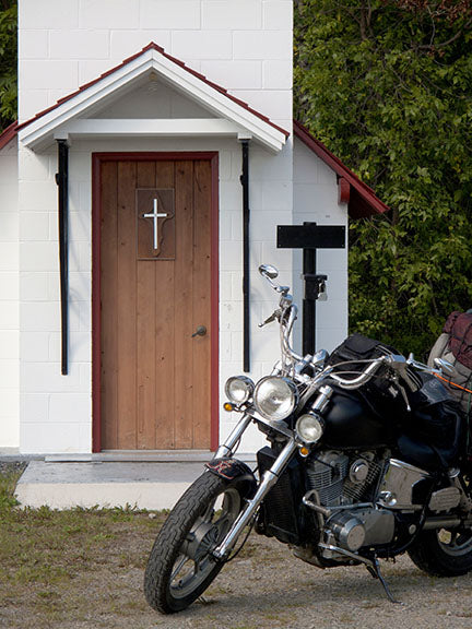 Photographer Geoffrey Kula's 1995 Honda Shadow VT1100 and the smallest chapel in Ontario, Canada